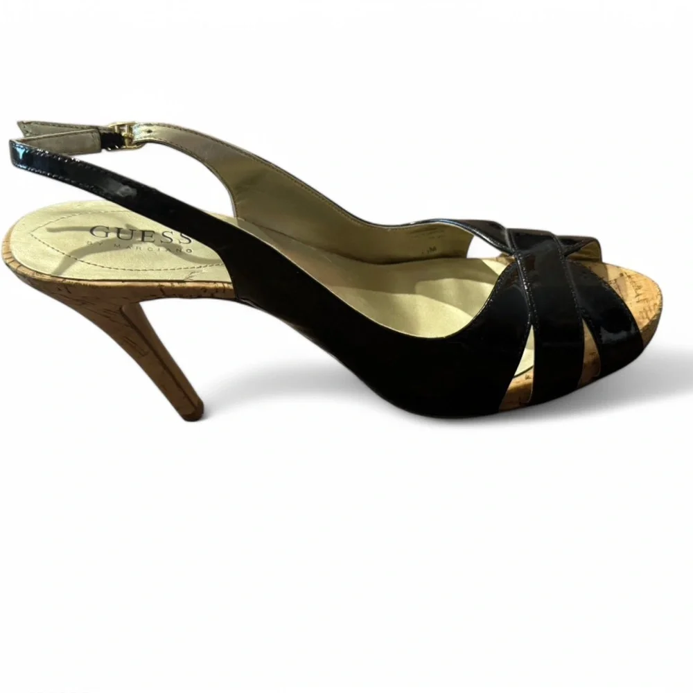GUESS by Marciano Black Patent Cork Slingback Heels Size: 7.5